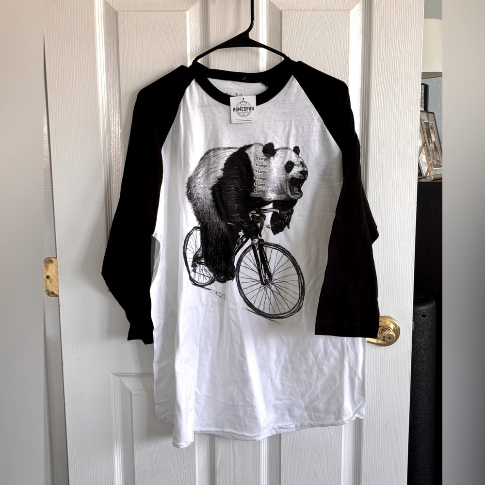 Black and White Graphic Raglan Panda Bicycle Tee - XL